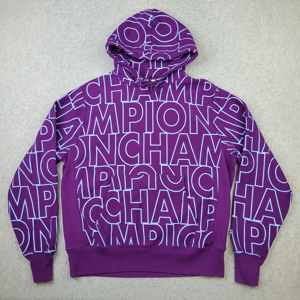 Vintage Champion Reverse Weave Hoodie Mens Large Purple Pullover All Over Print